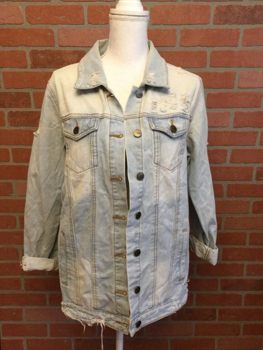 Mono B Womens Denim Jacket Size M Distressed Destroyed Rips